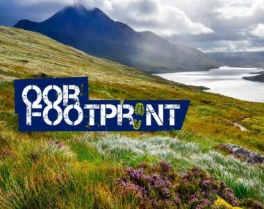 Scottish highland loch landscape with 'oor footprint' graphic in foreground